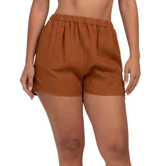 VITAMIN A Cocoa Brown Linen Tallows Cover-up Shorts - Picture 1 of 2